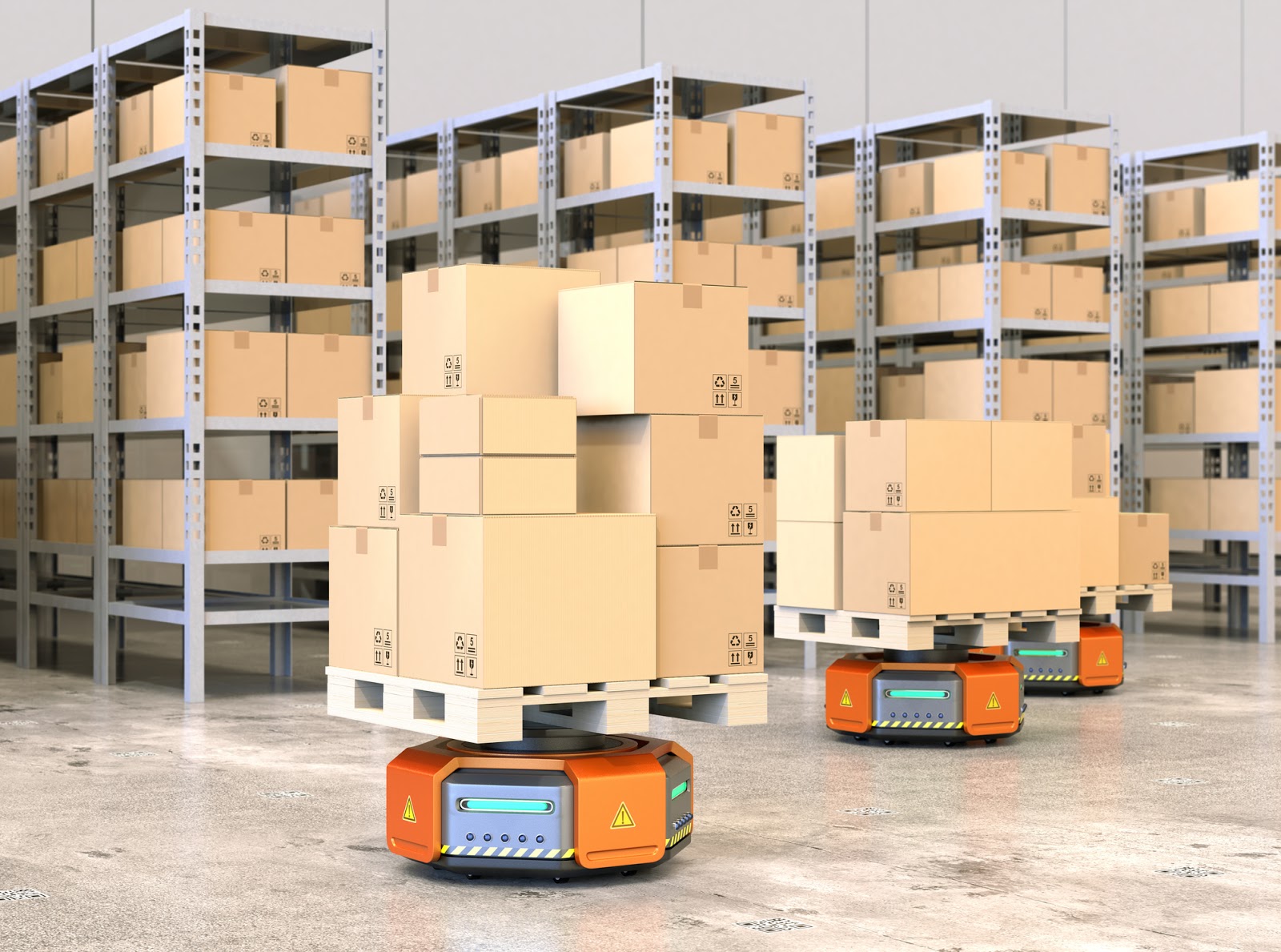 Self driving robots carrying boxes