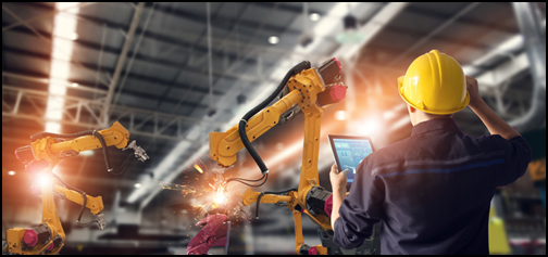 Technician using Robot arm welding robot