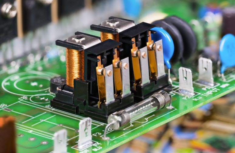 electromechanical switches with copper wire on coil with iron core, yoke and armature on circuit board