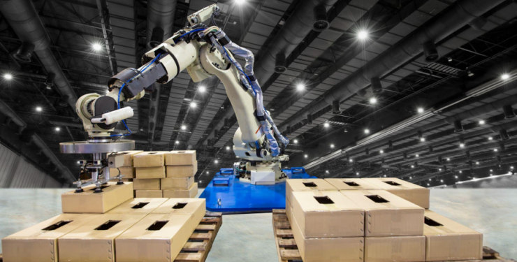 Controller of industrial robotic arm in production line manufacturer factory